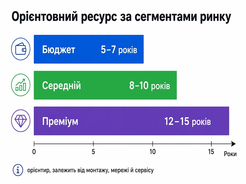 Сегменти кондиціонерів і орієнтовний ресурс: бюджет 5–7, середній 8–10, преміум 12–15 років