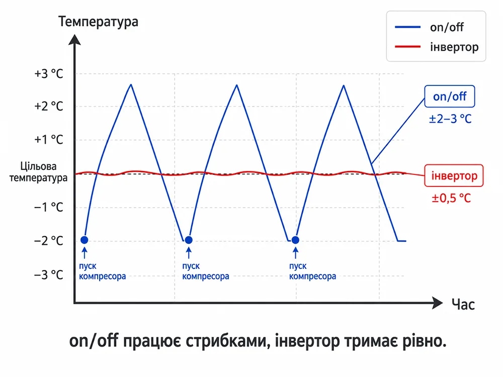 Графік температури: звичайний кондиціонер коливається на 2–3 градуси, інвертор тримає рівно